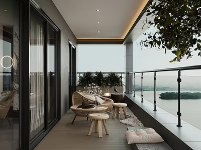Modern Home Balcony Design With Rattan Furniture Green Plants And Scenic View 3d model