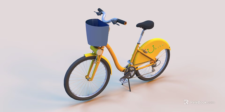 Yellow Bicycle with Blue Front Basket Black Seat and Classic Wheels 3d model 