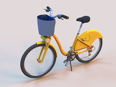 Yellow Bicycle with Blue Front Basket Black Seat and Classic Wheels 3d model