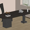 Dark Wooden Oval Desk with Unique Base Books Sculpture Open Book Chair Window Palm Plant