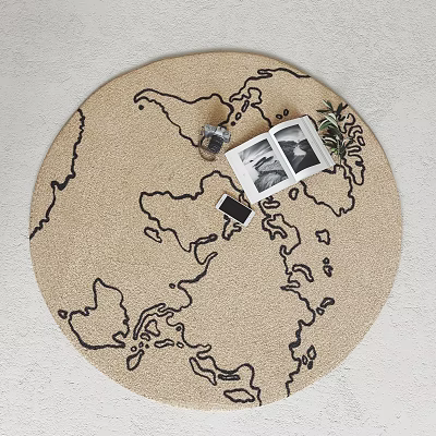 Decorative Round Rug with World Map Outline Design Open Photo Album Smartphone and Small Plant 3d model