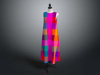 Colorful Square Pattern Sleeveless Long Dress Displayed On Black Mannequin In Gray Background 3d model