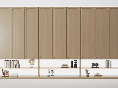 Light Wood Decorative Cabinet With Paneled Doors Open Shelves And Decorative Items 3d model