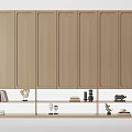 Light Wood Decorative Cabinet With Paneled Doors Open Shelves And Decorative Items