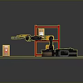 Yellow And Black Robotic Arm Moving Box By Red Storage Shelf In Industrial Scene