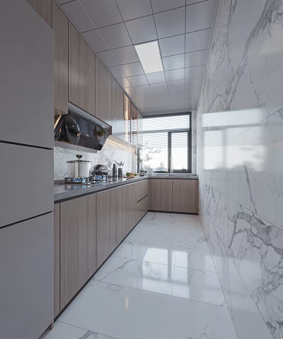 Modern Kitchen Interior Design With Wooden Cabinets Marble Walls And Countertop Appliances 3d model
