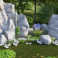 Garden Rock Ornament with Large Gray Stones Green Grass Small Pebbles and Trees
