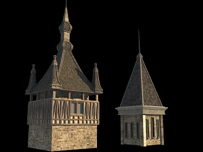 Ancient Architecture Historic Towers With Pointed Roofs Stone Walls And Wooden Details 3d model