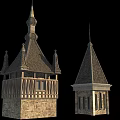 Ancient Architecture Historic Towers With Pointed Roofs Stone Walls And Wooden Details
