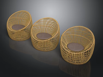 Three Stylish Rattan Leisure Chairs Featuring Round Design Woven Texture And Cushioned Seats 3d model