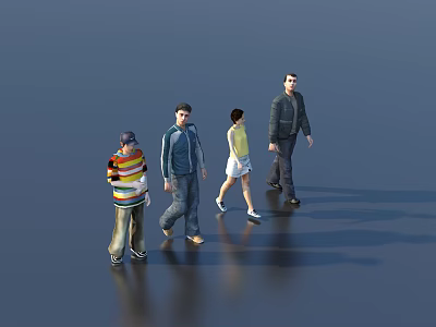 Group of People Walking On Reflective Floor With Gray Background And Casual Clothing 3d model