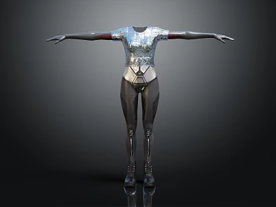 Futuristic Techwear Bodysuit With Silver Top Black Tight Pants And Metallic Details 3d model