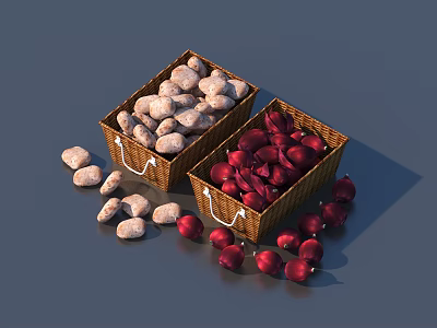 Two Wicker Baskets Filled With Fresh White and Red Onion Vegetables 3d model
