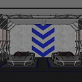 4S Car Dealership Showroom Displaying Two Luxury Sports Cars Blue Chevron Pattern And Bright Lighting