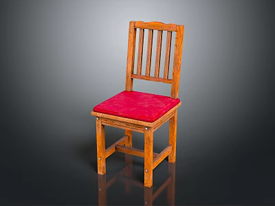 Wooden Chair With Slat Back Design And Red Cushioned Seat For Home Dining Room Furniture 3d model