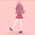 Cartoon Woman With Purple Hair Pink Hat Red Top Skirt Brown Shoes On Pink Background