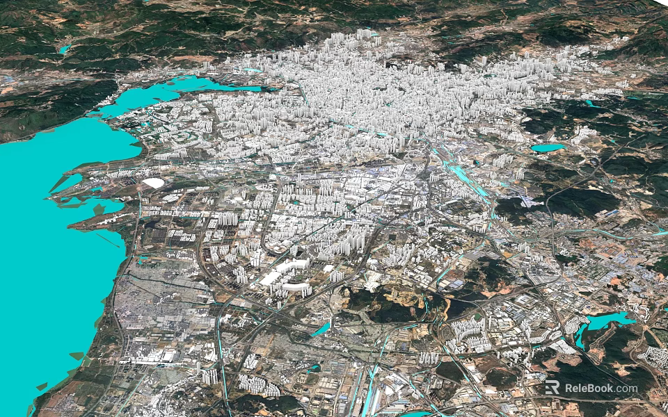Aerial Planning of Urban City Layout with Water Bodies Road Networks and Buildings 3d model 