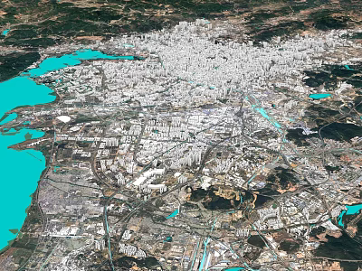 Aerial Planning of Urban City Layout with Water Bodies Road Networks and Buildings 3d model