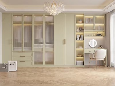 Modern Walk In Closet With Light Green Cabinets Glass Doors Chandelier And Herringbone Floor 3d model