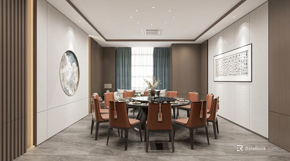 Elegant Private Dining Room With Round Table Orange Chairs And Decorative Wall Art 3d model
