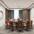 Elegant Private Dining Room With Round Table Orange Chairs And Decorative Wall Art 3d model