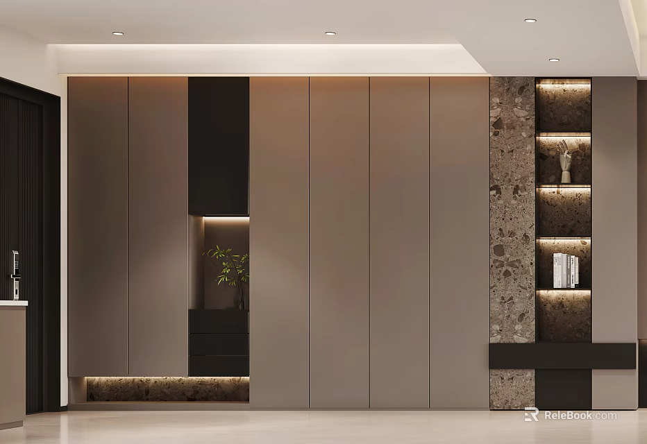 Elegant Modern Shoe Cabinet with Built-in Lighting Small Plant and Decorative Panel 3d model 
