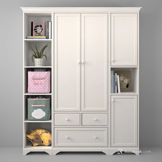 White Wardrobe With Open Shelves Storage Boxes Potted Plant Books Photo Frame And Plush Toy 3d model 