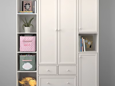 White Wardrobe With Open Shelves Storage Boxes Potted Plant Books Photo Frame And Plush Toy 3d model