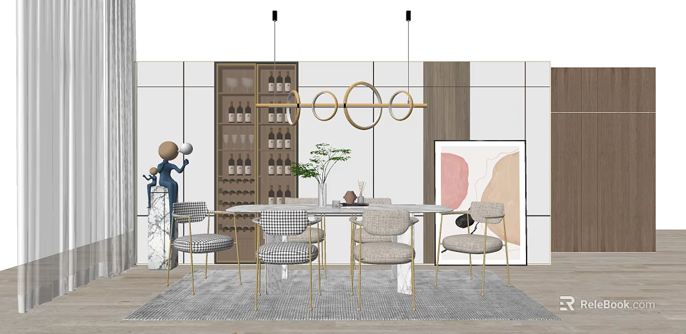 Elegant Modern Dining Table Set With Chairs Pendant Lights And Wine Cabinet 3d model