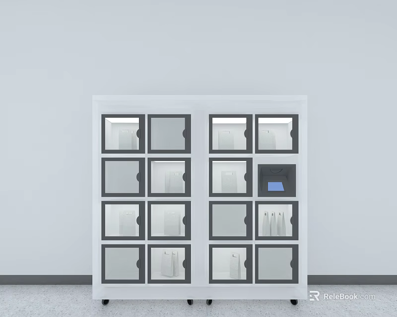 White Smart Storage Locker With Multiple Transparent Compartments Control Panel And Wheels 3d model