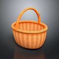 Cute Kitten Resting In Orange Woven Basket With Handle On Dark Surface