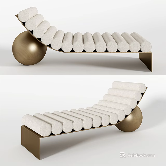 Modern Design Chaise Lounge With White Cushions Golden Spherical Base And Curved Metal Frame 3d model 