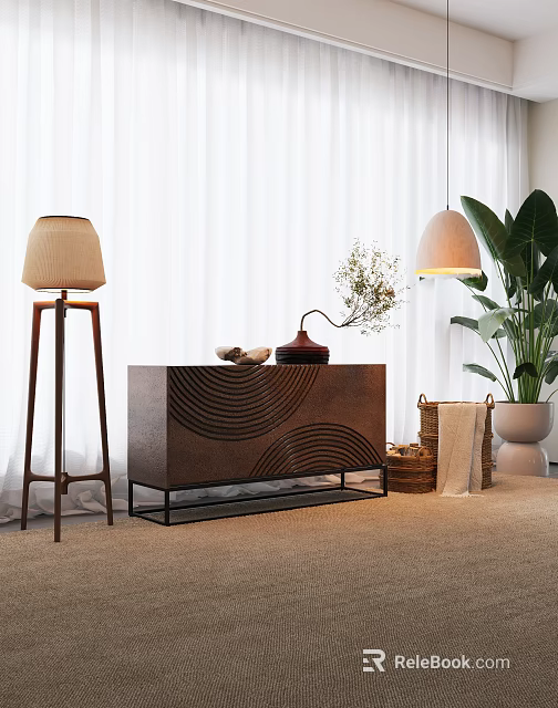 Modern Entryway Console Table With Floor Lamp Large Leaf Plant And Decorative Basket 3d model