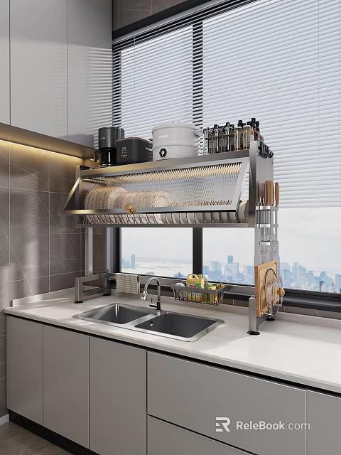 Stainless Steel Dinnerware Set With Hanging Rack For Modern Kitchen Countertop 3d model 