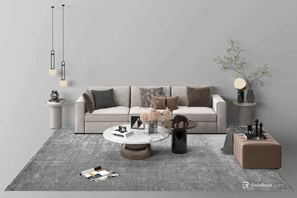 Modern Gray Sofa and Coffee Table Set with Round Table Cushions Green Plant Lamp and Rug 3d model 