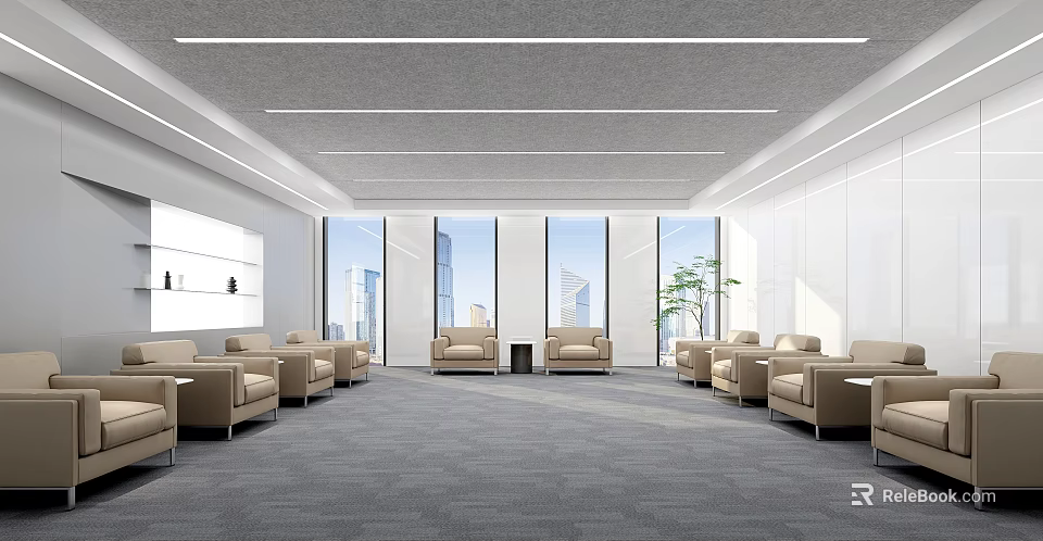 Modern Hotel Public Lounge Area With Comfortable Sofas Armchairs And Floor to Ceiling Windows 3d model 