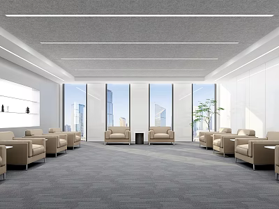 Modern Hotel Public Lounge Area With Comfortable Sofas Armchairs And Floor to Ceiling Windows 3d model