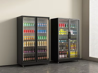 Modern Double Door Glass Door Refrigerators Filled With Colorful Beverages In Indoor Setting 3d model