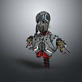 Detailed Mechanical Character Design With Metal Armor Red Legs And Colorful Cables