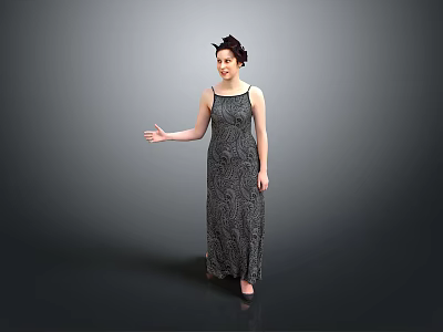 Elegant Woman In Patterned Long Dress Standing With Extended Arm On Gray Background 3d model