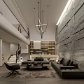 Modern Open Living And Dining Room Interior With Chandelier Sofa And Marble Wall