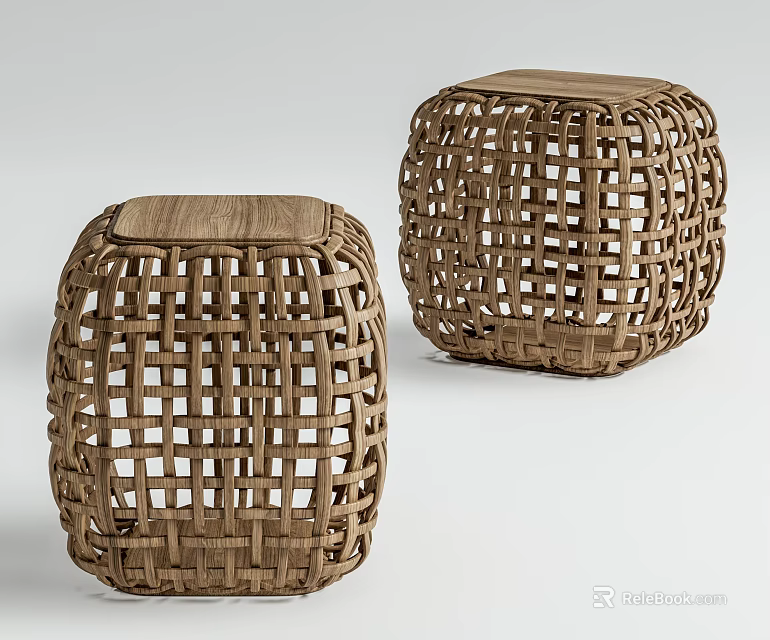 Light Brown Woven Square Stools With Grid Pattern Design For Home Decor 3d model