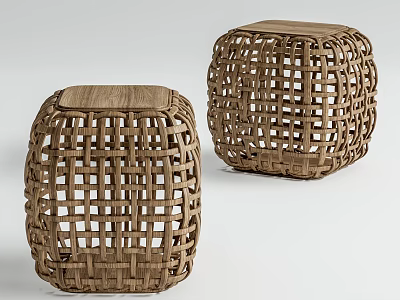 Light Brown Woven Square Stools With Grid Pattern Design For Home Decor 3d model
