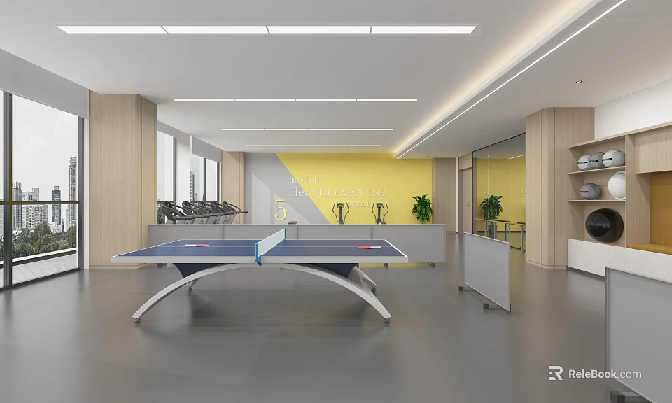 Indoor Sports Fitness Space With Ping Pong Table Yellow Wall Wooden Decor Windows And Plants 3d model 