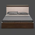 Double Bed With Wooden Frame Light Colored Headboard Gray Mattress And Pillows