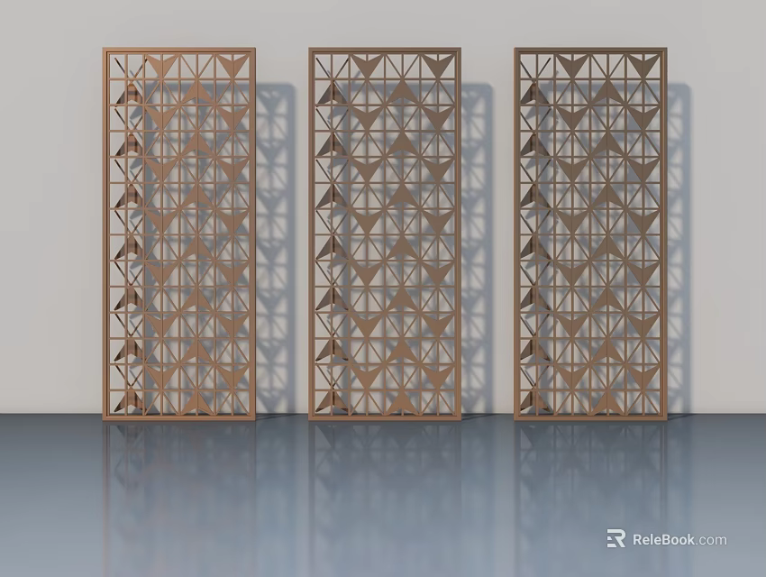 Three Brown Hinged Doors With Geometric Lattice Design Against White Wall 3d model