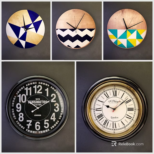 Different Style Clocks With Geometric Patterns Wooden Frames And Brand Logos 3d model 