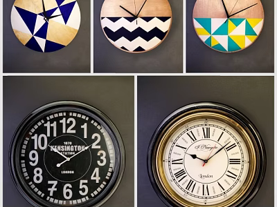 Different Style Clocks With Geometric Patterns Wooden Frames And Brand Logos 3d model