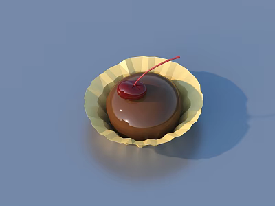 Delicious Chocolate Dessert Topped With Fresh Cherry In Yellow Paper Cup On Blue Surface 3d model