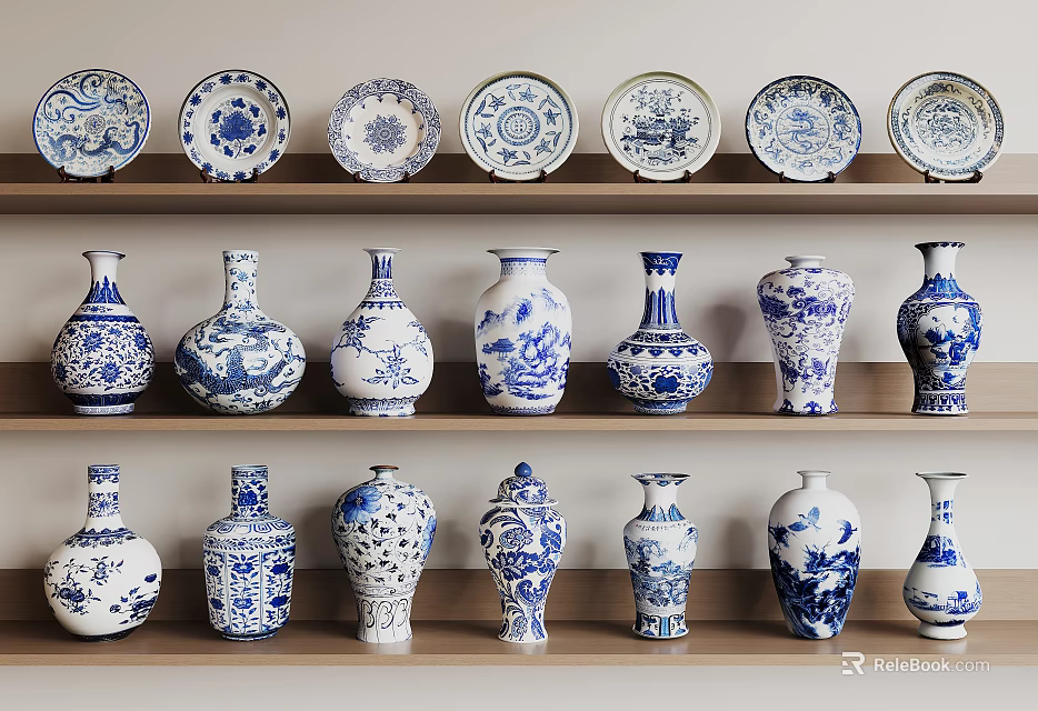 Blue and White Porcelain Collection with Plates and Vases Displayed on Wooden Shelves 3d model 